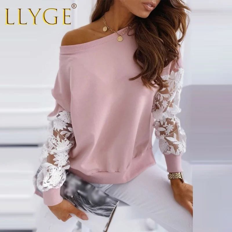 

Кружевная Лоскутная Женская блузка с вырезами, рубашки с длинным рукавом и круглым вырезом, Свободные повседневные женские блузки, осень 2021...