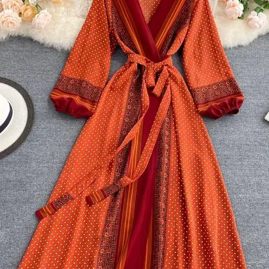 

Women Retro Print Dress 2020 Autumn V Neck Lace up Long Sleeve A-line Dress Korean Elegant Bohemian Long Holiday Dress
