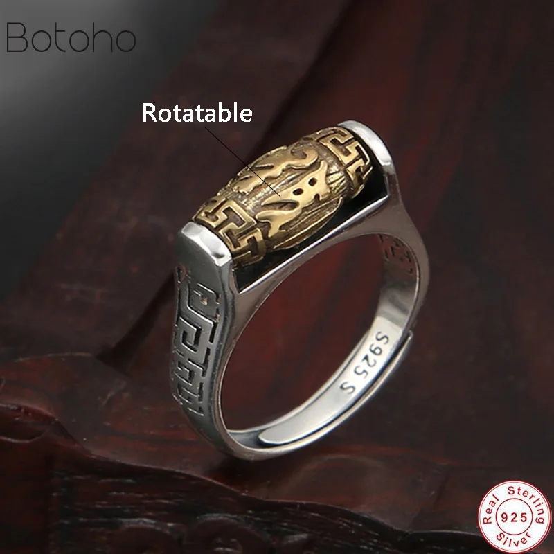 Мужское кольцо ручной работы S925 серебряного цвета тибетское с шестью словами