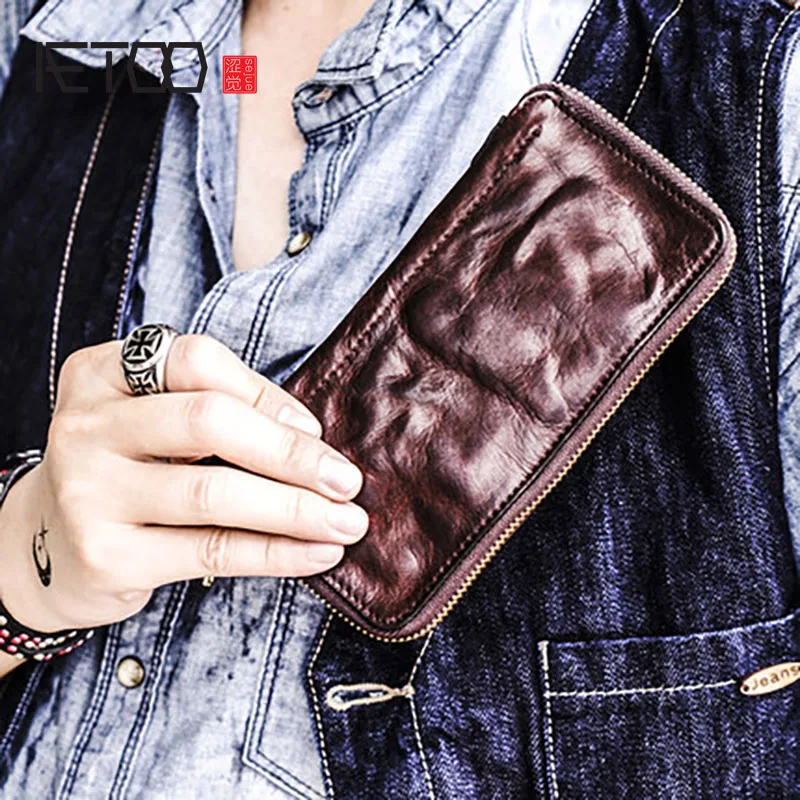 Кожаный бумажник ручной работы AETOO мужской длинный трендовый кошелек на молнии