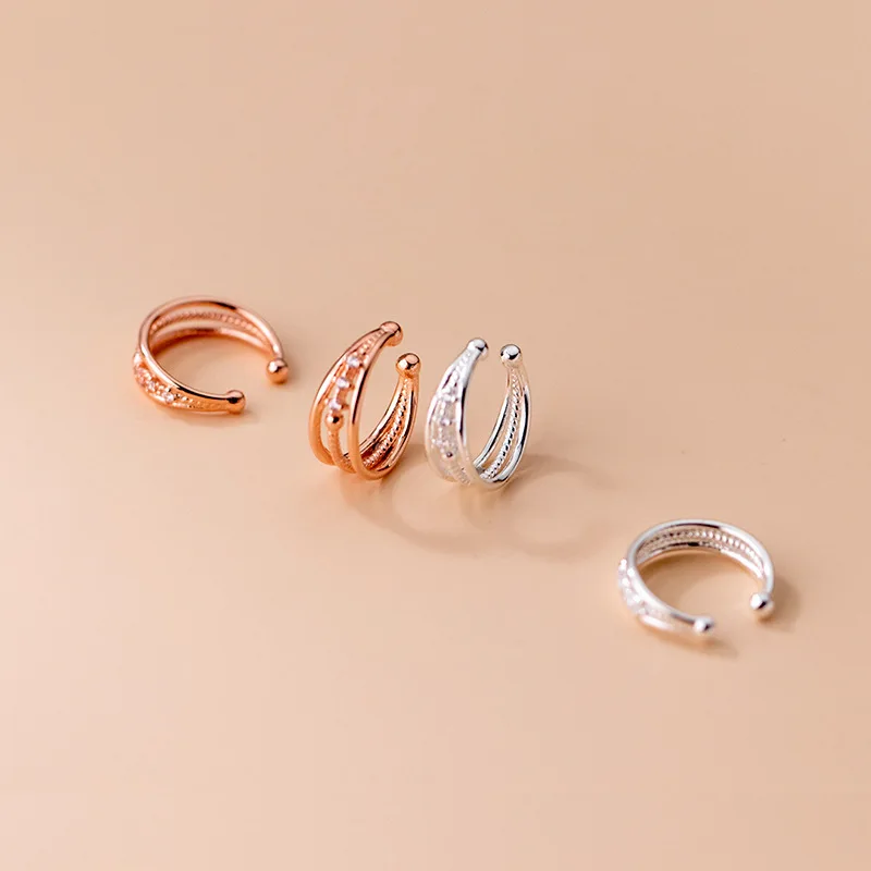 

Real 925 Sterling Silver Three Layered Ear Cuffs Non-Pierced Cartilage Earring Hypoallergenic Jewelry for Women