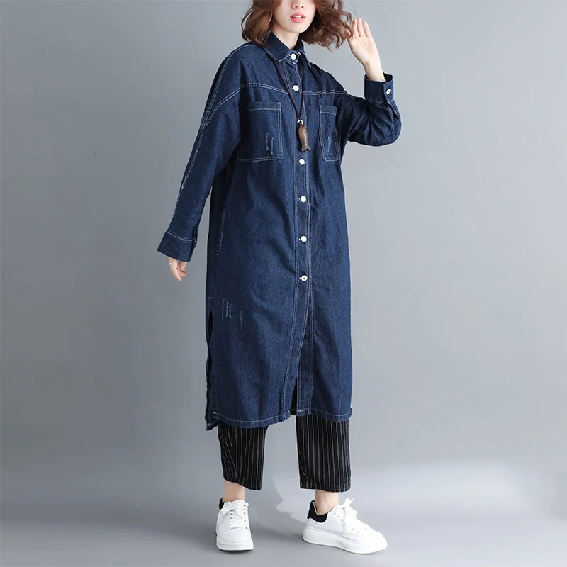 Женская демисезонная ветровка Корейская джинсовая куртка с разрезом длинным