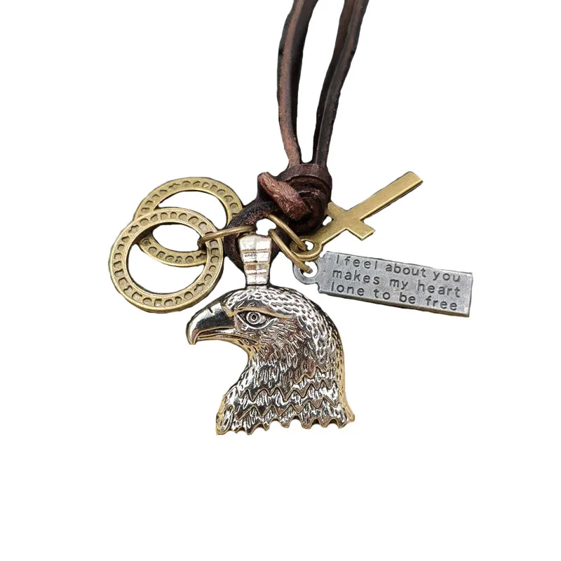 

100% Cowhide rope Genuine Antique Necklace Punk Leather Eagle Shark Fish Ocean Bronze Cross Loop Letter Tag Mens Gift AC081-084