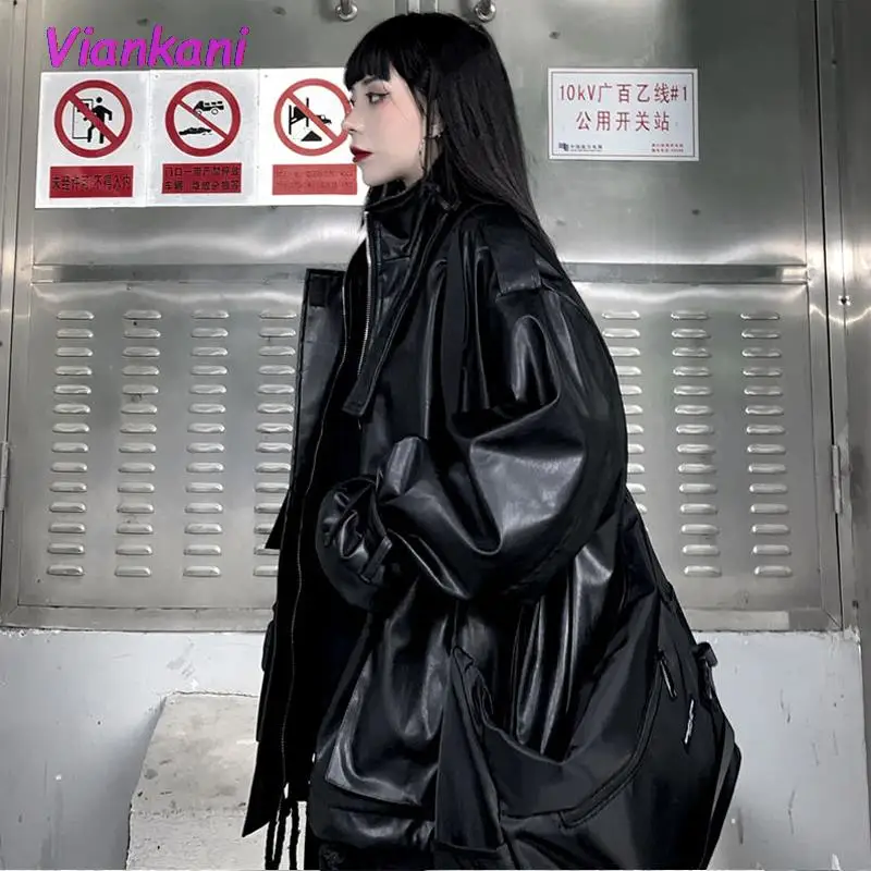 Women Leather Jacket Autumn Vintage Motorcycle Zipper Black Overcoat Female Winter High Street Streetwear Y2k Jackets 2022 Ho