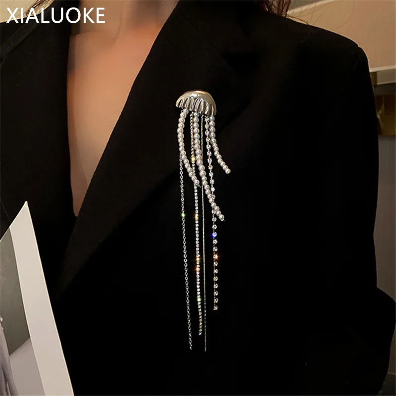 XIALUOKE 1 Piece Vintage Hyperbole Crystal Pearl Jellyfish Brooch For Women Personality Long Tassels Collar Brooches Accessories