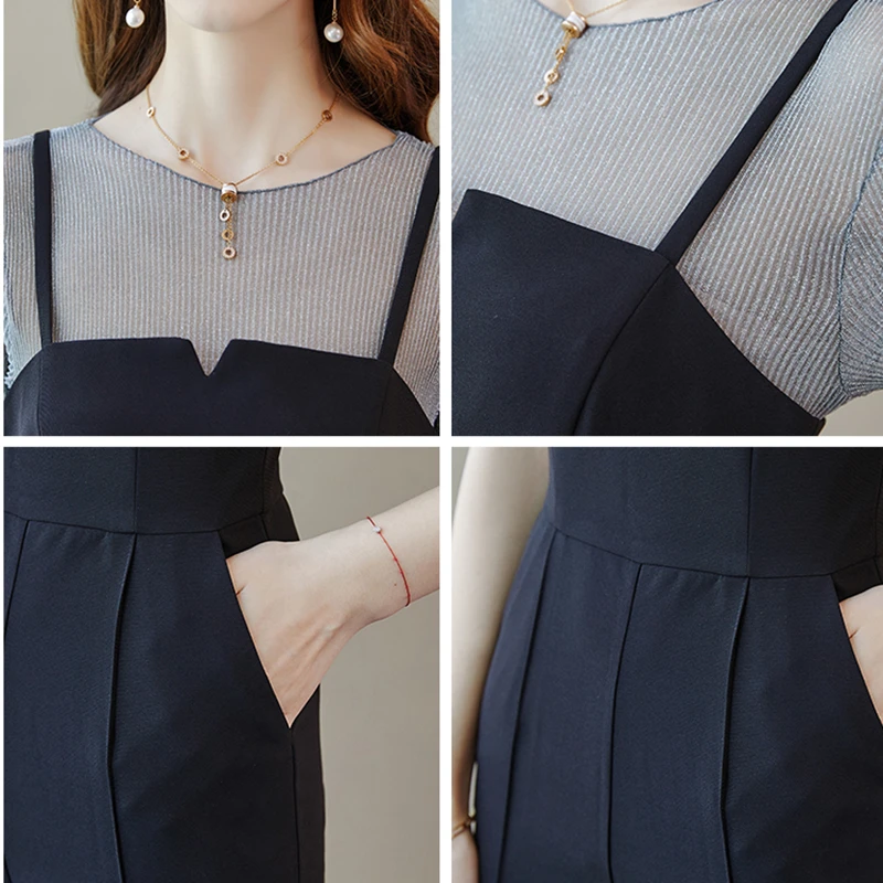 

women summer new temperament Jumpsuit two piece set fashion Shiny silk bottoming shirt + Slim Tube top Strap jumpsuit suits