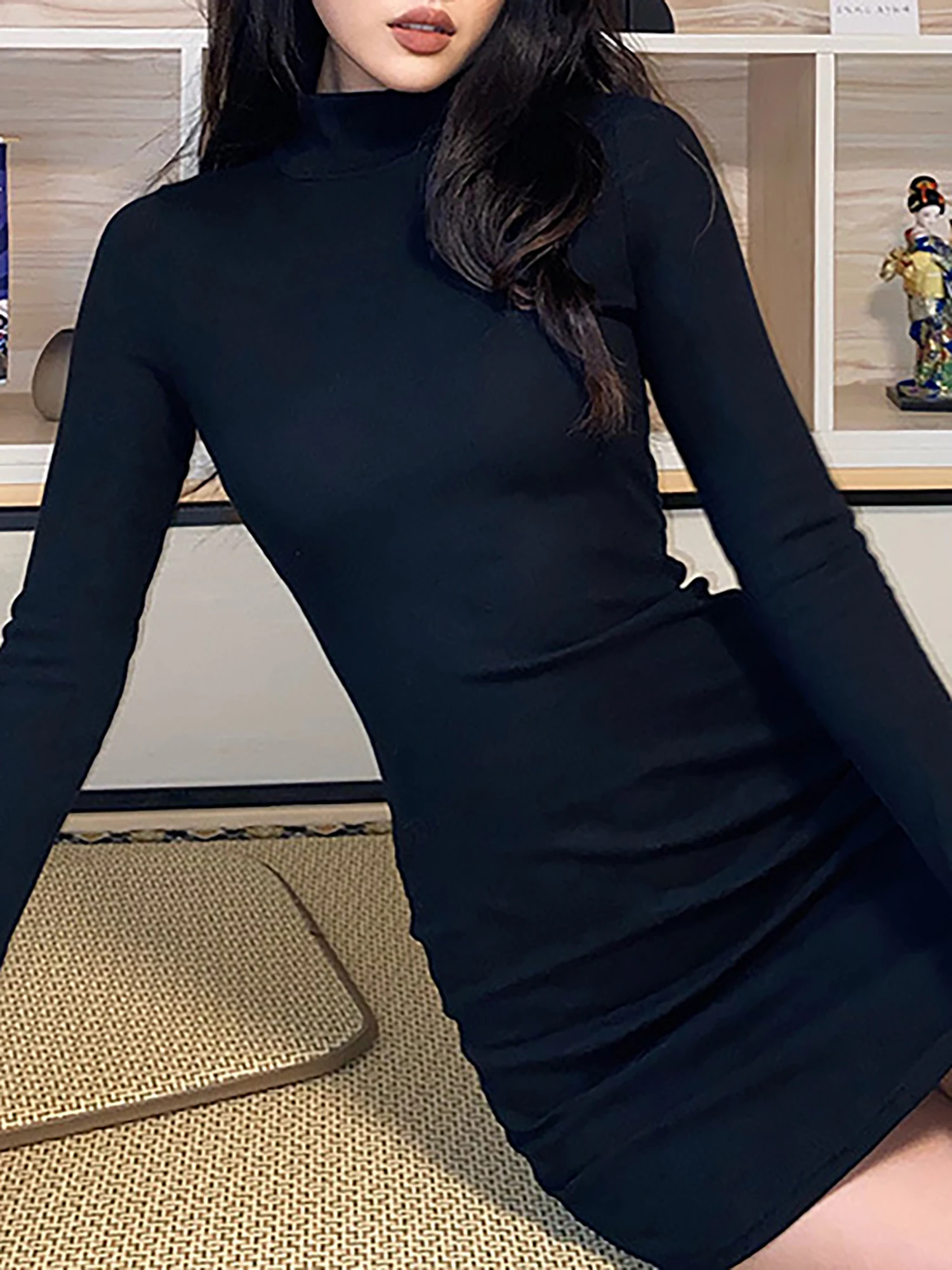 

Autumn Spring Ladies Sexy Solid Color Turtleneck Skinny Slim Dress Women Casual Knitted Ribbed Keep Warm Long Sleeve Mini Dress