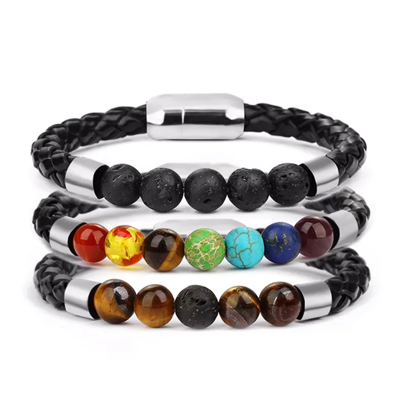 

Male Leather Charm Bracelet Lava Chakra Stone Beads Stainless Magnetic Clasps Charm Bracelets & Bangles For Men Punk Jewelry