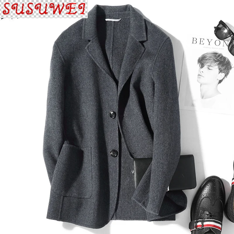 

SUSUWEI 2021 New Men's Wool Coat Korean Double-sided Woolen Jacket Overcoat Mens Coats and Jackets Gray D-19-00818-3 KJ3013