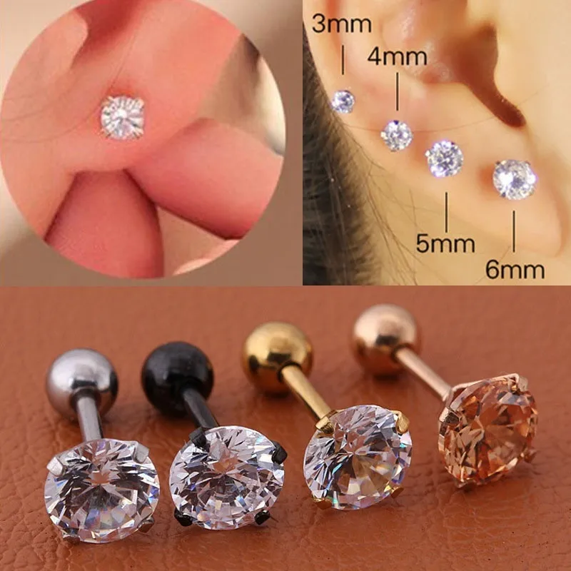 

1pc/lot Size 3/4/5/6mm 4 Colors Punk Medical Stainless Titanium Steel Needle Zircon Crystal Stud Earrings For Men Women Party