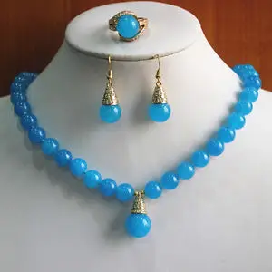 

Charming Blue Precious Jade Necklace Earring Ring(6/7/8/9) Jewelry Set