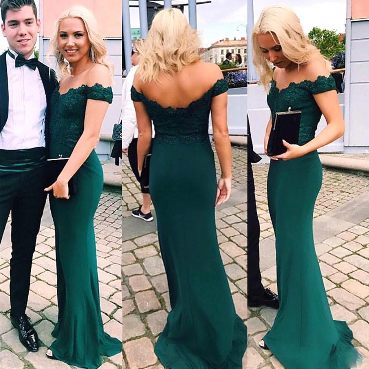 Emerald Green Mermaid Evening Dresses Off the Shoulder Lace Satin Sweep Train Women Formal Prom Party Gowns Long Evening Gowns