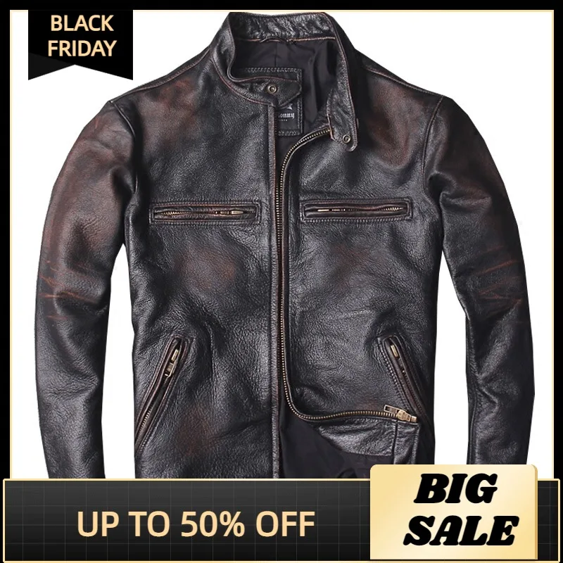 

Куртка мужская приталенная кожаная, винтажная Байкерская короткая куртка из натуральной воловьей кожи, размера плюс 6XL, весна 2021