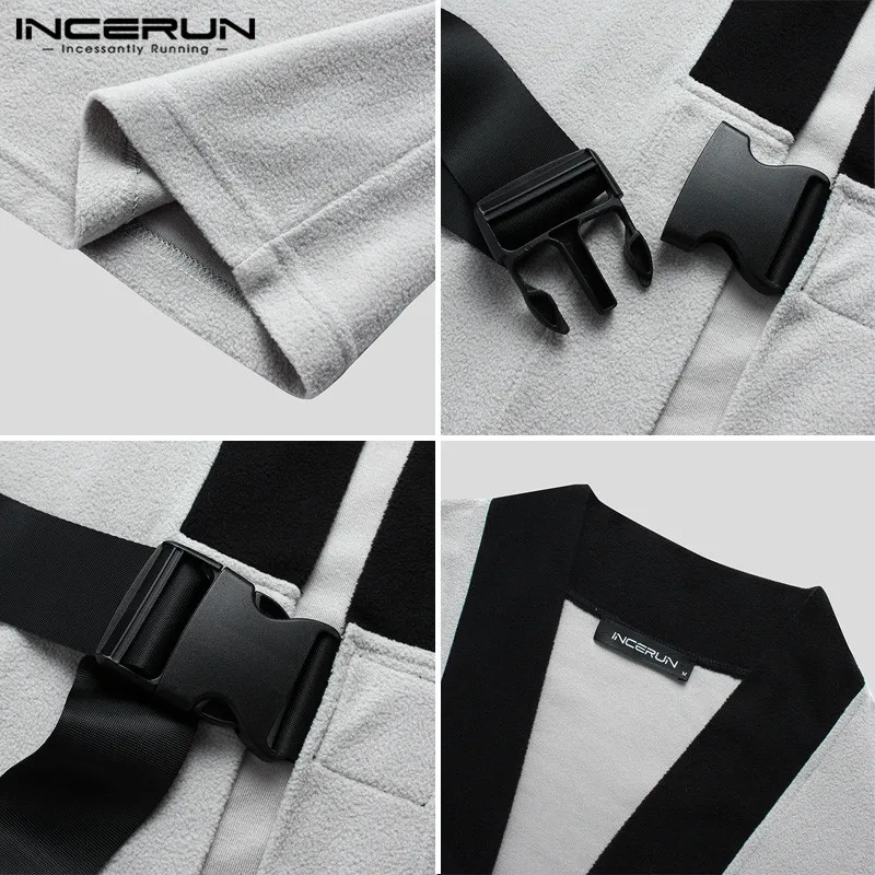 

INCERUN Men Patchwork Outerwear Long Sleeve Lace Up Soft Fleece Coats Casual Homewear Vintage Trench Men Streetwear Long Coat
