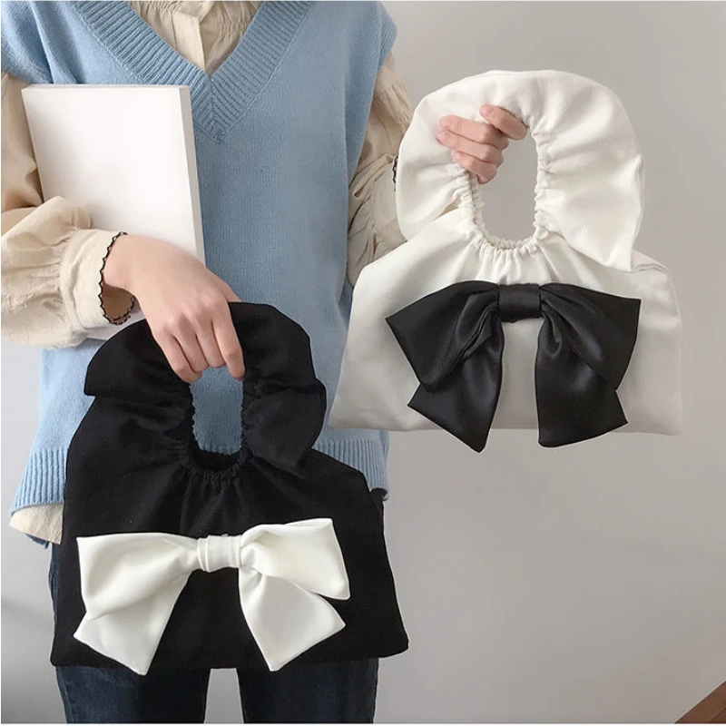 

Canvas Bag Women Bow Shopping Top-handle Bags Sweet Ruched Females Handbags Street Ins Wrist Bag Fashion Patchwork New Designed