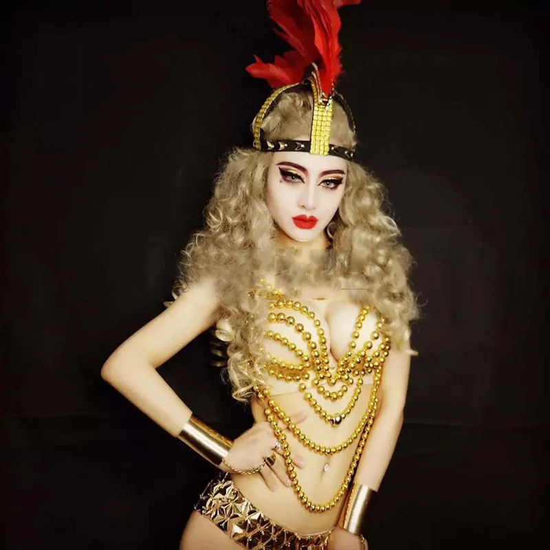 Preise Luxus Gold Strass Bikini Frauen Pole Dance Kleidung Feder Headwear Nachtclub Dj Bühne Kostüm Festival Outfits VDB3387
