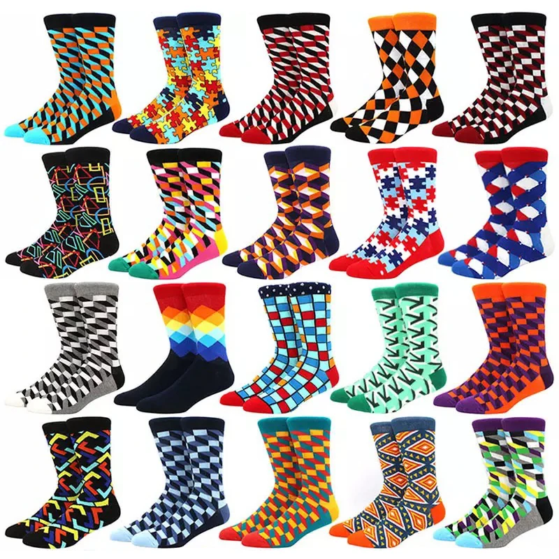

5 Pair Mens Funny Happy Combed Cotton Argyle Three-dimensional Socks Cute Fine Diamond Pattern Tube Geometric Large Size