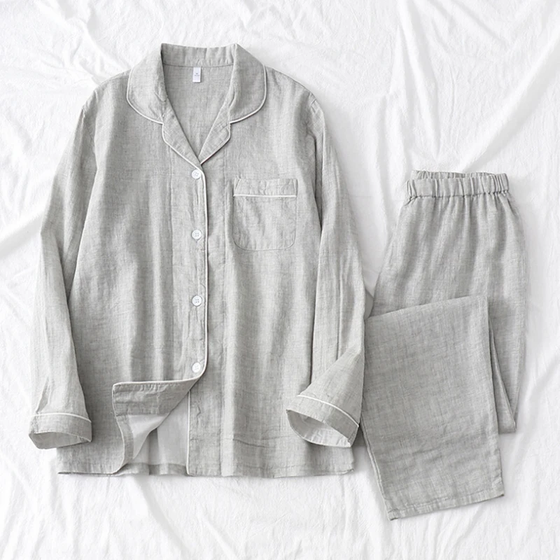 

Новинка, двойная пижама из крепа и Марли для пар, 100% хлопок, длинная рубашка, ночная рубашка с длинным рукавом, ночная рубашка для мужчин и же...