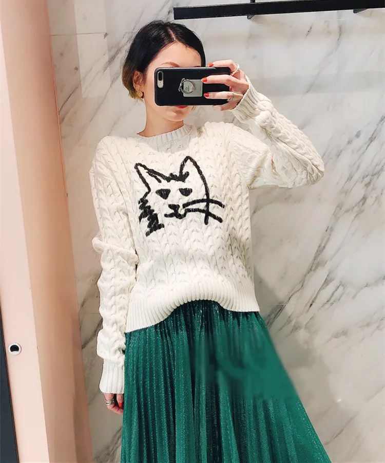 Women Sweaters and Pullovers 2019 Autumn Winter Clothes Cute Cat Twist Round Neck Long Sleeve Knit Top | Женская одежда