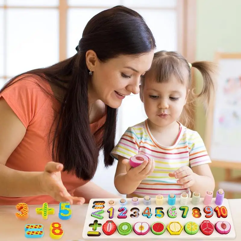 Монтессори 3-в-1 древесины ребенка числам доска соответствия фруктов Форма пазл