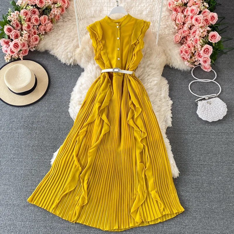 Mixi-vestido plisado Vintage liso para mujer, vestido elegante de gasa rosa con volantes sin mangas para vacaciones y Playa 2021