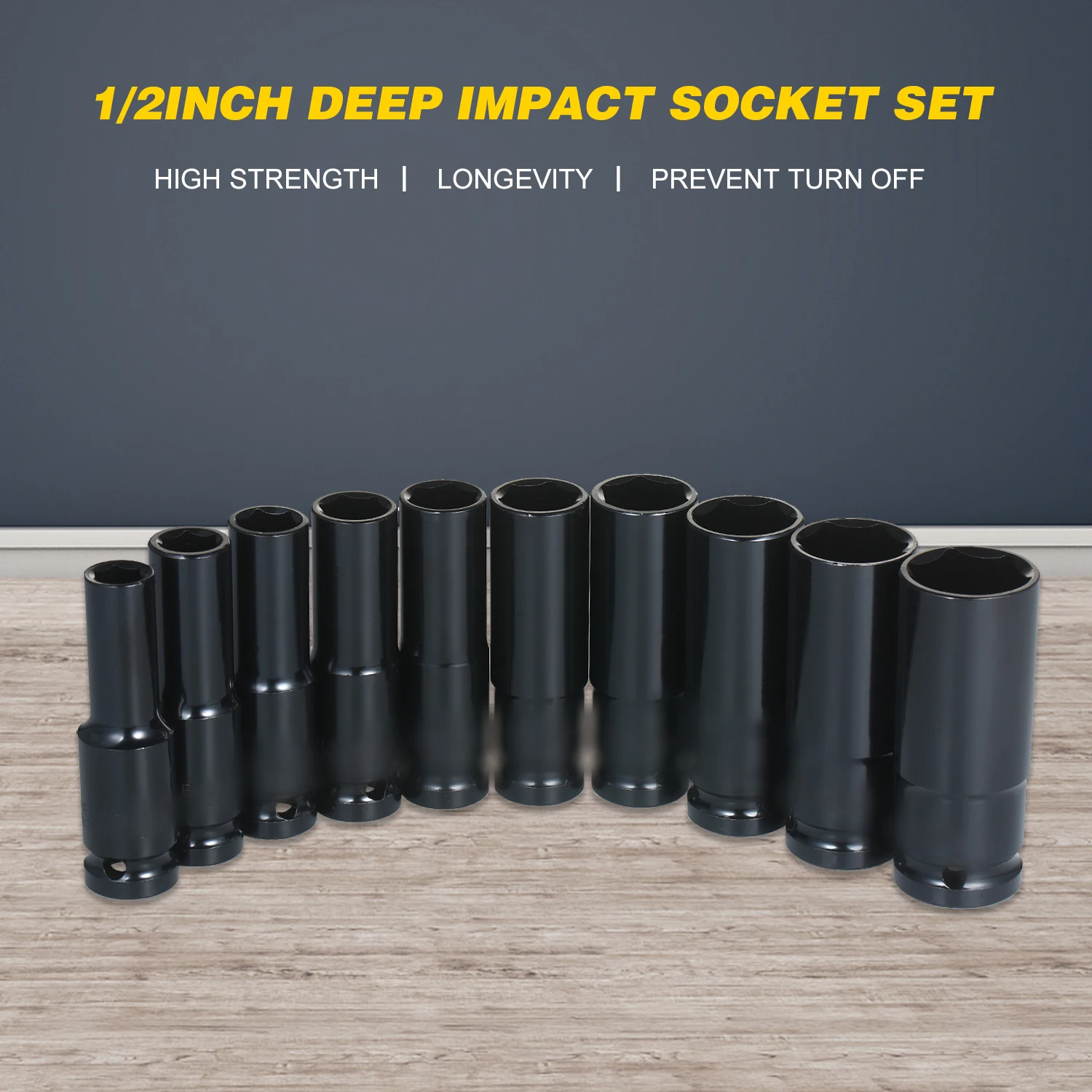 

1/2Inch Drive Hex Impact Socket Set 10-Piece Deep Socket Metric Sizes 10-24mm Carbon Steel with Hard Storage Box