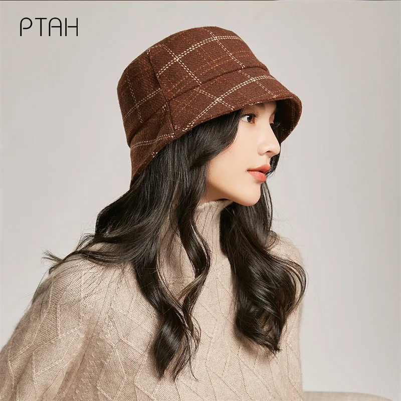 

[PTAH] Wool Bucket Hat Autumn Women Hats For Women Temperament Elegant Bucket Hat Winter Warmer Softer Hats Ladies Outdoor Caps