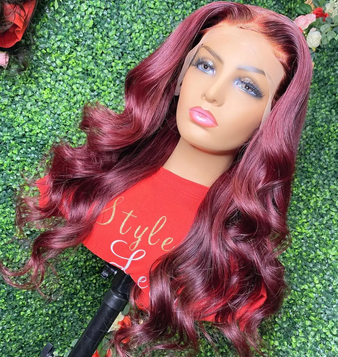 26Inch Burgundy 99J Wine Long Body Wave Synthetic Lace Front Wig For Women With Baby Hair Daily Wear Fiber Wigs 180%Density