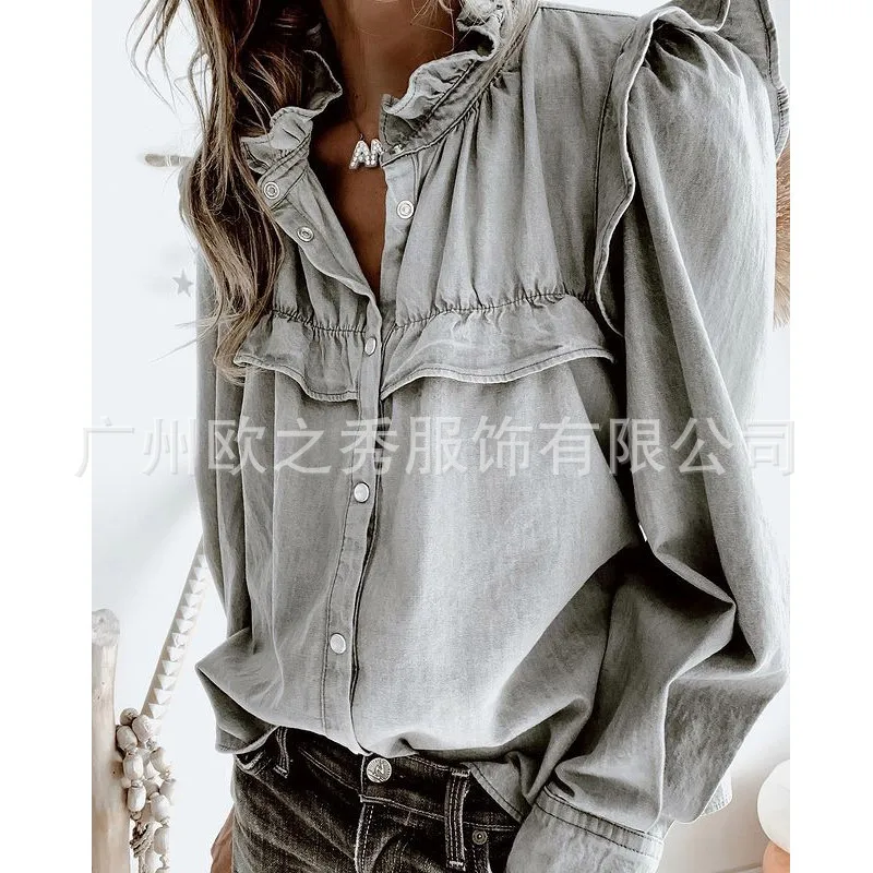 

Женская Джинсовая блузка, изысканный джинсовый топ с длинным рукавом и кукольным воротником, на весну и осень, 2021