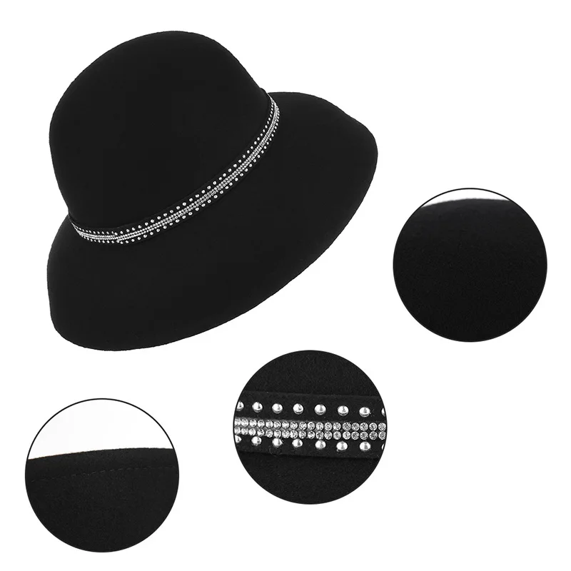 FS роскошный бренд заклепки украшения котелок из шерсти кепки для женщин шляпа
