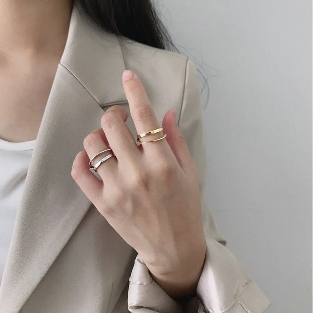 

LEKANI Korean Style Rings For Women S925 Sterling Silver Double Line Smooth Surface Ring Minimalism Personality Fine Jewelry
