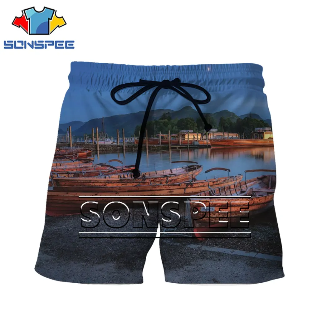 

SONSPEE 3D Men Shorts Sailboat Ship Fisherman Moutains Beach Landscape Fashion Casual Travel Swim Sports Run Breathable Shorts