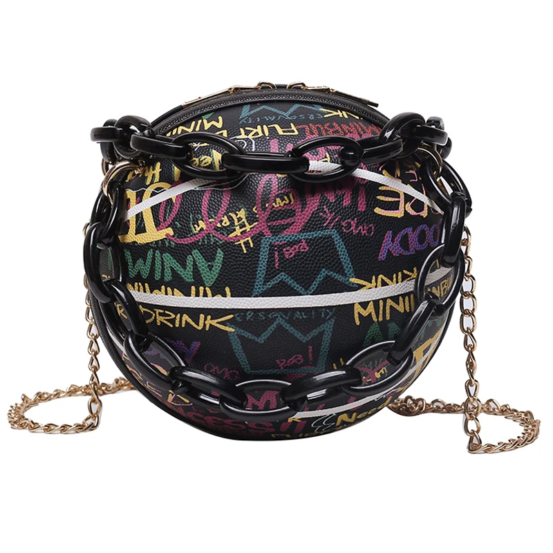 

Alphabet Graffiti Round Ball PU Leather Zipper Crossbody Bags for Women 2020 Chain Shoulder Handbags and Purses Lady
