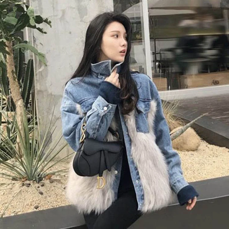 

Patchwork Denim Jacket Women Lapel Fur Long Sleeve Retro Loose Elegant Coat Women Fashion Clothing New