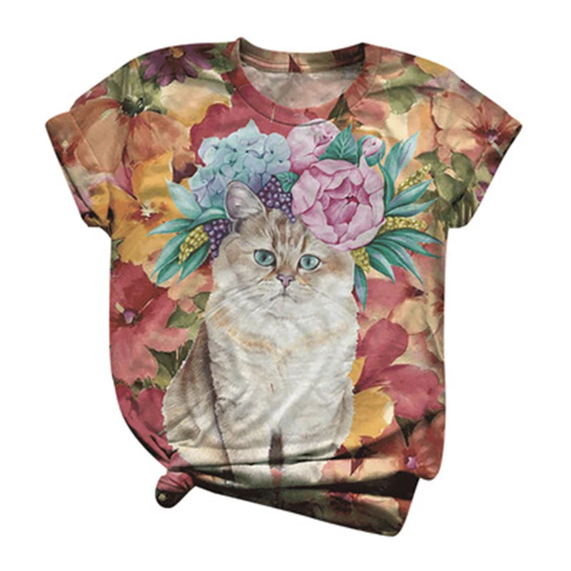 

traf za Summer Sale Round Neck Animal Cat Print Casual Top T shirt Women y2k top T shirt chat mignon robe femme t trf zaraing