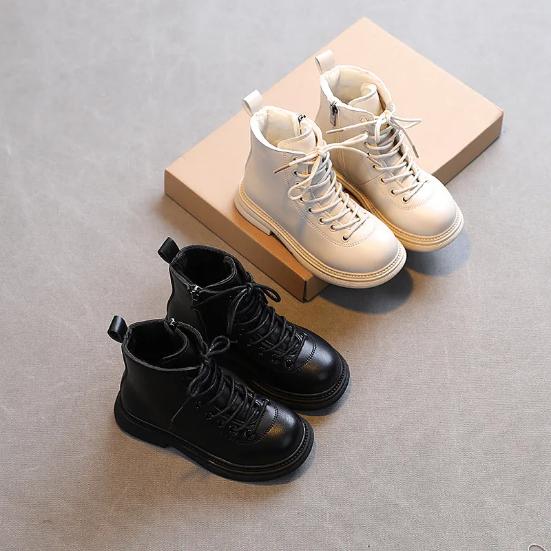 

Girls Martin Boots Solid Beige Students Autumn Boots Low Heels PU Warm Black Boys Korean Style Ankle Boots Kids Fashion Boot New