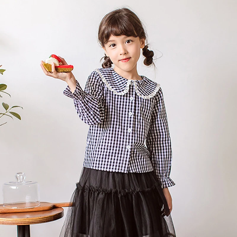 

Girls Blouses Cotton Tee Shirts Kids Flare Sleeve Tops Ruffles Collar Spring Autumn Clothes Baby Child Plaid T-Shirt