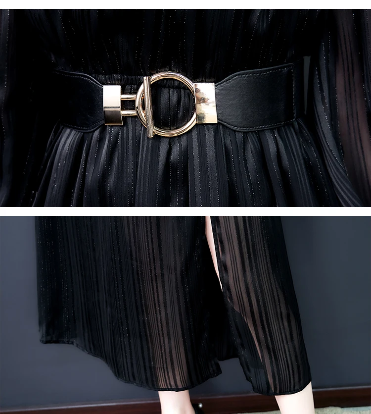 

2020 Spring New Female Autumn Chiffon Dress Slimming Women's Stand Collar Elastic Waist Office Lady Black Mid-Calf Dress