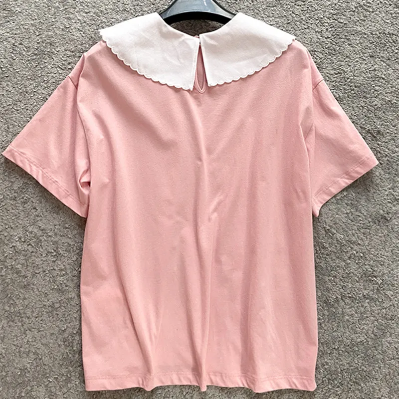 

2021 Women Summer New Luxury Brand Designs T-Shirt Female Cute Doll Collar Bow Short Sleeve Tees Loose Cotton Letter Sweet Tops