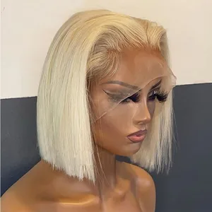 2021 Summer Breathable Mesh Cap Blonde Color Blunt Cut Short Bob Color Lace Front Wigs For Black Women Preplucked With Baby Hair