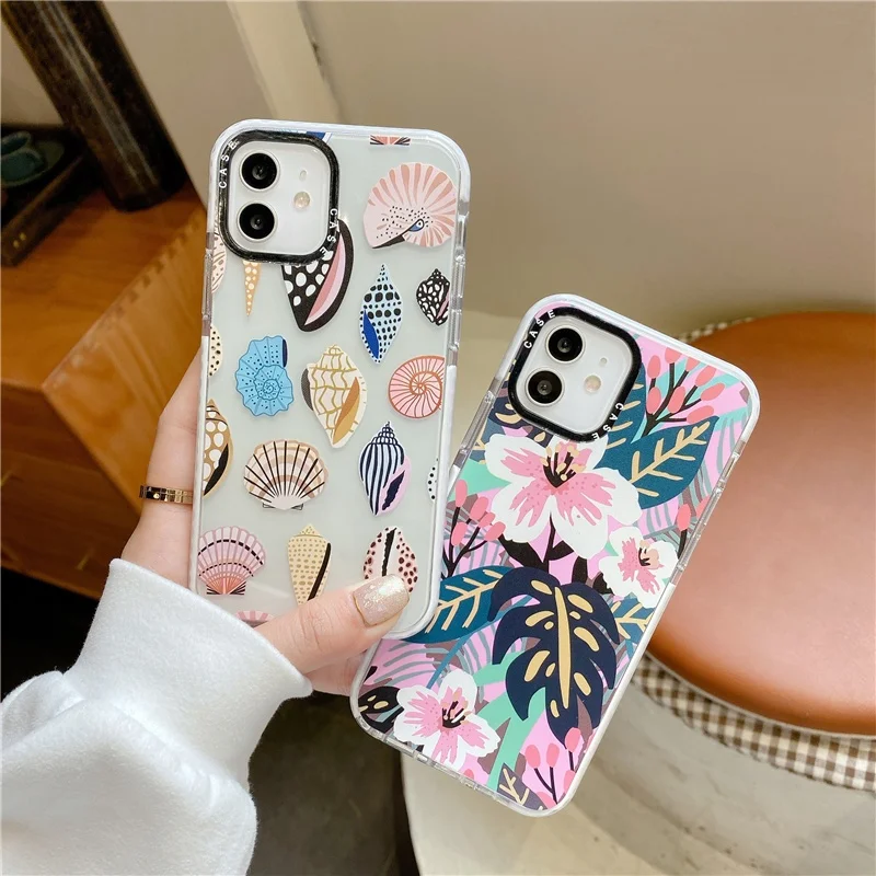 

Retro Flower Leaf Phone Case For iphone 12 mini 11 Pro Max 7 8 plus X XR XS Max SE 2020 Cute Conch shell Soft Cover Clear Funda