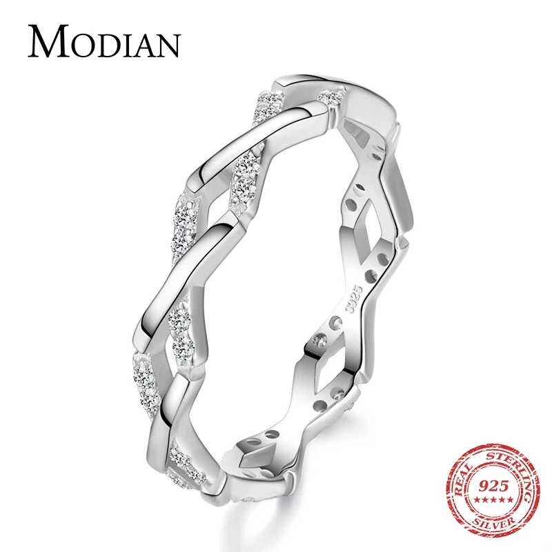 

Modian Real 925 Sterling Silver Staggered Line Charm Finger Ring Classic Stackable Clear Zircon Wedding Jewelry For Women Gifts
