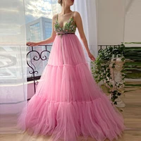 new design spring evening dresses sequins and 3d applique flowers party dresses deep v neck tulle ball gown dress long robe