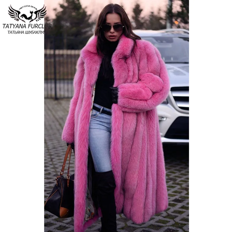

2021 Fashion Women Natural Fur Coats Long Pink Real Fox Fur Coat Long 120 cm High Quality Female Fur Overcoats With Lapel Collar