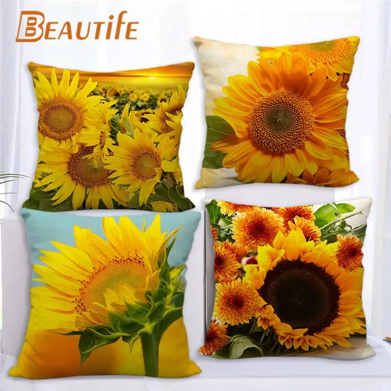 

Nice Yellow Sunflower Pillowcase Bedroom Home Decorative Cover 45x45cm Square Zipper Pillow Cases Cotton Linen Fabric No Fade