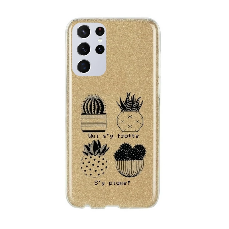 Чехол Galaxy S21 ULTRA Sequin dore cactus noir тропический|Бамперы| |