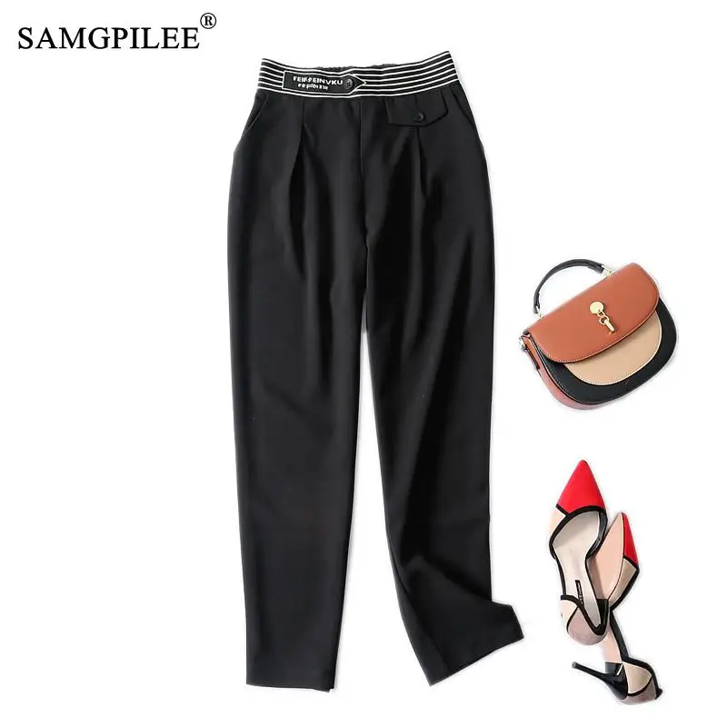 

2021 New Korean Style Ankle-length Pant For Women Office Lady Woven Elastic Waist Solid High Pleated Pencil Black Pants 4XL