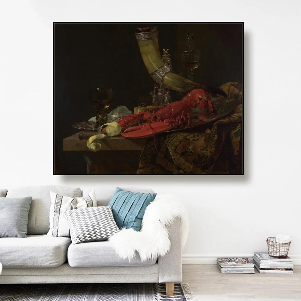 

Canvas Oil Painting《Still life Drinking horn, lobster and glasses 》William Kalf Poster Wall Decor Home Decoration For Office