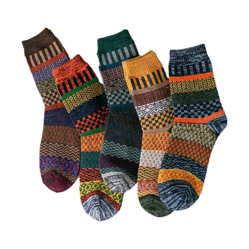 

2020 5 Pairs Ethnic Mens Chunky Knit Crew Socks Geometric Stripes Winter Warm Hosiery
