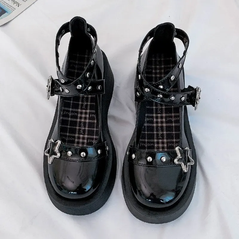

BRKWLYZ Lolita Shoes Star Buckle Mary Janes Shoes Women Cross-tied Platform Shoes Patent Leather Girls Shoes Rivet Casual Shoes